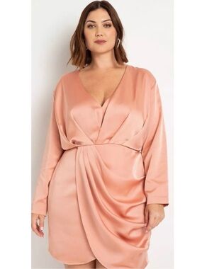 ELOQUII Women’s Size 24 Peach Pink Satin Long Sleeve V-Neck Drape Mini Dress